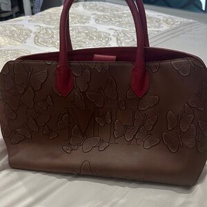 Butterfly Embossed Tote in Brown and Red